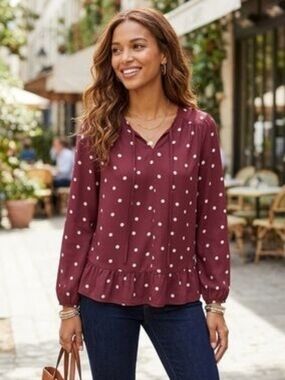 LOFT Burgundy Polka Dot V-Neck Ruffle-Hem Blouse